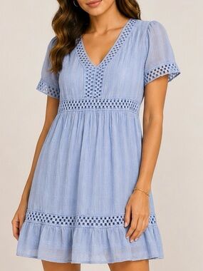 Knox Rose Light Blue V-Neck Crochet-Trim Mini Dress